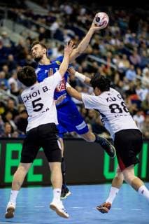 France vs Korea Handball World Championship 2019 14 01 2019 Beom Mun Choi COR 5 Nedim Remili FRA 5 and Chnageun Ku COR 88 at the match between France and Korea at the Handball World Championship in Berlin on 14 01 2019 Berlin BER Germany Mercedes Benz Arena