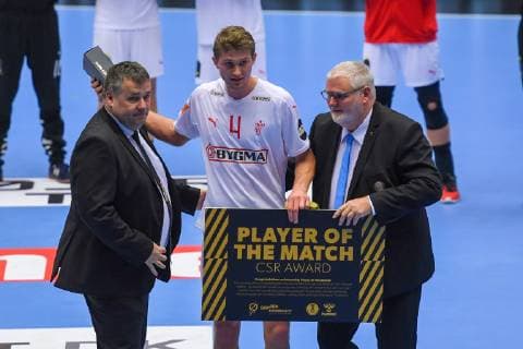 HANDBALL - IHF WC, DEN vs KSA HERNING,DENMARK,14.JAN.19 - HANDBALL - IHF Men s World Championships, international match Länderspiel Denmark vs Saudi Arabia. Image shows Magnus Landin (DEN) as player of the match. GEPAxpictures xOliverxLerch