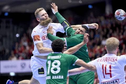 IHF Men s World Championship WM Weltmeisterschaft 2019 Group C handball match. Nikolaj Oris (31) of Denmark and Ali Alibrahim (10) of Saudi Arabia during the men s IHF Handball World Championship Group C match 33 between Denmark and Saudi Arabia at the Jyske Bank Boxen arena in Herning Denmark on Monday January 14, 2019. Denmark 