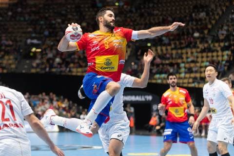 Handball WM 2019 preliminary round group B Munich Olympic Hall Encounter Spain Japan Raul Entrerrios Eduardo Gurbindo Kohei Narita @Martin Hangen hangenfoto