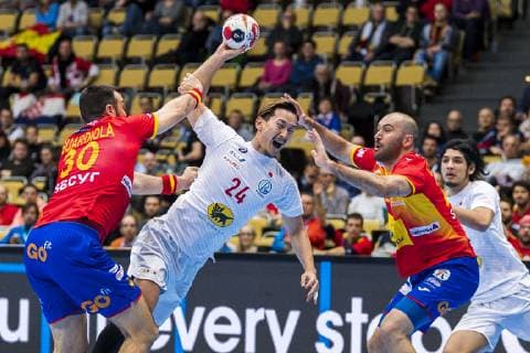 Munich Germany 14 January 2019 World Cup 2019 Men Group B Spain vs Japan v li Gedeon Guardiola Spain Rhine Neckar Loewen Hiroki Shida Japan Joan Canellas Spain Munich Olympic Hall Bavaria Germany