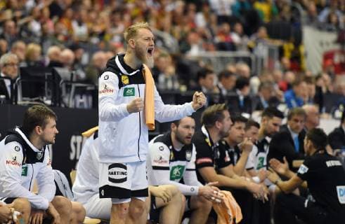 Matthias Musche Germany cheers on the bank Russia Germany Russia Germany IHF Handball World Championship 2019 Hanball World Championship 2019 men men men men Handball Germany Germany Germany preliminary round group A group A Berlin 14 1 2019
