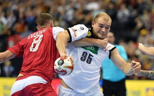Paul Drux Germany in duel with Egor Evdokimov Russia Russia Russia Germany Russia Germany IHF Handball World Championship 2019 Hanball World Championship 2019 Men Men Men Men Handball Germany Germany Preliminary Round Group A group A Berlin 14 1 2019