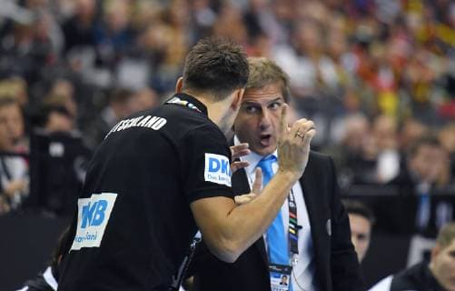 Christian Prokop coach Germany is admonished on the sidelines by an official Russia Germany Russia Germany IHF Handball World Championship 2019 Hanball World Championship 2019 men men men men Handball Germany Germany preliminary round group A group A Berlin 14 1 2019