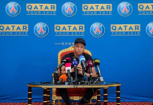 (190115) -- ATHENS, Jan. 15, 2019 -- Paris Saint-Germain s French forward Kylian Mbappe speaks at a press conference PK Pressekonferenz while at a (PSG) winter training camp at the Aspire Zone Foundation in the Qatari capital Doha on January 14, 2019. ) (SP)QATAR-DOHA-SOCCER-PARIS SAINT-GERMAN-PRESS CONFERENCE Nikku 