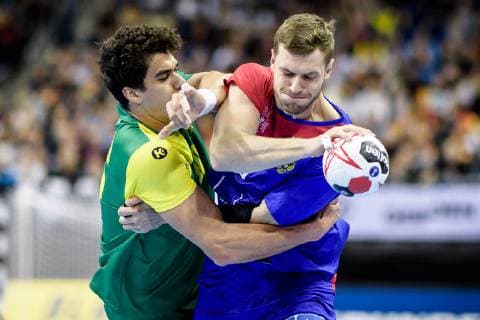 Russia vs Brazil Handball World Championship 2019 15 01 2019 Alexander Shkurinskiy RUS 9 vs Jose Toledo BRA 10 at the match between Russia and Brazil at the Handball World Championship in Berlin on 15 01 2019 Berlin BER Germany Mercedes Benz Arena