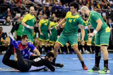 Russia vs Brazil Handball World Championship 2019 15 01 2019 l r Daniil Shishkarev RUS 6 Cesar Algusto Almeida BRA 89 Henrique Teixeira BRA 2 Thiagus Petrus Santos BRA 14 and Gustavo Rodrigues BRA 95 at the match between Russia and Brazil at the Handball World Championship in Berlin on 15 01 2019 Berlin BER Germany Mercedes Benz Arena
