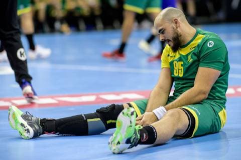 Russia vs Brazil Handball World Championship 2019 15 01 2019 Gustavo Rodrigues BRA 95 on the ground during the match between Russia and Brazil at the Handball World Championship in Berlin on 15 01 2019 Berlin BER Germany Mercedes Benz Arena