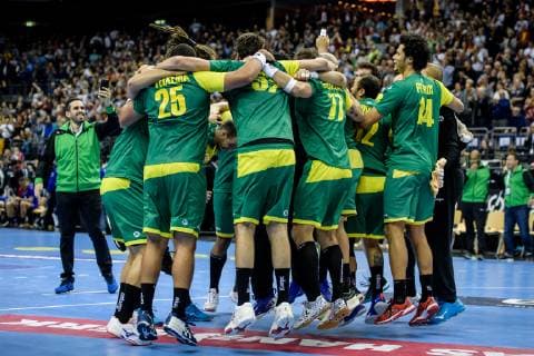 Russia vs Brazil Handball World Championship 2019 15 01 2019 Brazilian team celebrates victory after the match between Russia and Brazil at the Handball World Championship in Berlin on 15 01 2019 Berlin BER Germany Mercedes Benz Arena
