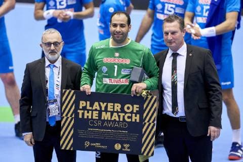 IHF Men s World Championship WM Weltmeisterschaft 2019 Group C handball match. Player of the match Makrem Missaoui (1) of Tunisia after the men s IHF Handball World Championship Group C match 40 between Saudi Arabia and Tunisia at the Jyske Bank Boxen arena in Herning Denmark on Tuesday January 15, 2019. Denmark 