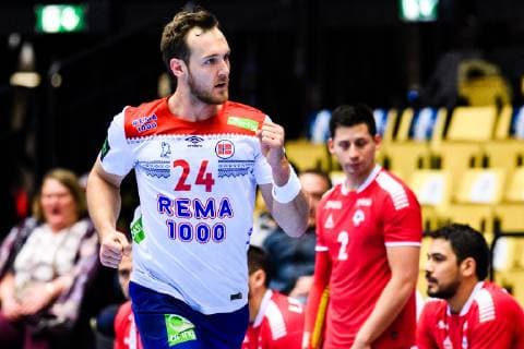 190115 Christian O Sullivan of Norway celebrates during the IHF World Handball Championship match between Norway and Chile on January 15 2019 in Herning Photo Jon Olav Nesvold BILDBYR u0081N kod JE 160402, detectedSourceLanguage  Copyright: JONxOLAVxNESVOLD BB190115JE063