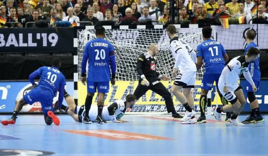 Jannik Kohlbacher Germany meets for the 1 0 at the match Germany against France of the Handball World Championship 2019 men on 15 01 2019 in the Mercedes Benz Arena in Berlin Handball World Championship 2019 Group A Germany France France