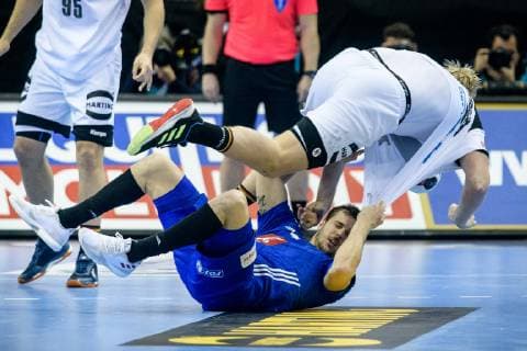 Germany vs. France Handball World Championship 2019 15 01 2019 Kentin Mahe FRA 14 and Patrick Wiencek GER 7 at the match between Germany and France at the Handball World Championship in Berlin on 15 01 2019 Berlin BER Germany Mercedes Benz Arena