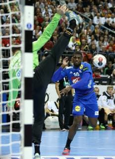 Andreas Wolff Germany parries throw of Dika Mem France at the match Germany against France of the Handball World Championship 2019 of the Men on 15 01 2019 in the Mercedes Benz Arena in Berlin Handball World Championship 2019 Group A Germany France France