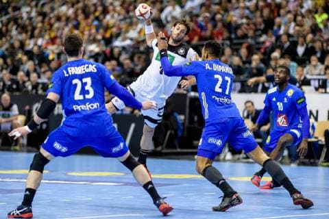 Germany vs France Handball World Championship 2019 15 01 2019 l r Ludovic Fabregas FRA 23 Uwe Gensheimer GER 3 Adrien Dipanda FRA 27 and Dika Mem FRA 10 at the match between Germany and France at the Handball World Championship in Berlin on 15 01 2019 Berlin BER Germany Mercedes Benz Arena