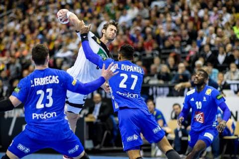 Germany vs France Handball World Championship 2019 15 01 2019 l r Ludovic Fabregas FRA 23 Uwe Gensheimer GER 3 Adrien Dipanda FRA 27 and Dika Mem FRA 10 at the match between Germany and France at the Handball World Championship in Berlin on 15 01 2019 Berlin BER Germany Mercedes Benz Arena