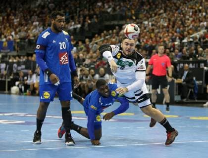 15 01 2019 Handball IHF World Championship Denmark and Germany 2019 Preliminary Round Group A Germany France in the Mercedes Benz Arena Berlin L R Cedric Sorhaindo France Dika Mem France Jannik Kohlbacher Germany