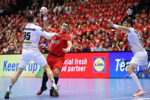 26th Mens Handball World Championship Austria vs. Denmark 15 01 19 Lasse Svan Lasse Denmark 17 vs. Romas Kirveliavicius Austria 95 xmmkx
