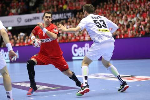 26th Mens Handball World Championship Austria vs. Denmark 15 01 19 Rasmus Schmidt Lauge Denmark 11 vs. Nikola Bilyk Austria 53 xmmkx