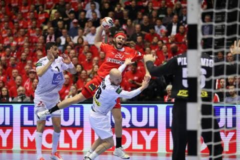 26th Mens Handball World Championship Austria vs. Denmark 15 01 19 Rami Almutairi Saudi Arabia 24 vs. Robert Weber Austria 28 and Janko Bozovic Austria 07 xmmkx