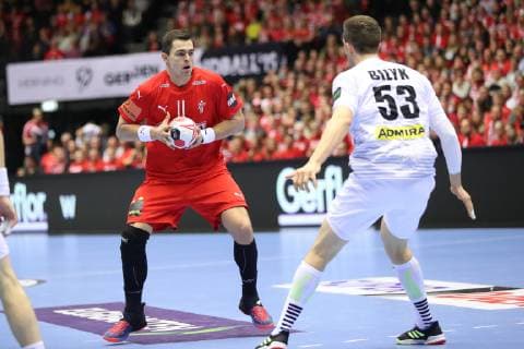 26th Mens Handball World Championship Austria vs. Denmark 15 01 19 Rasmus Schmidt Lauge Denmark 11 vs. Nikola Bilyk Austria 53 xmmkx