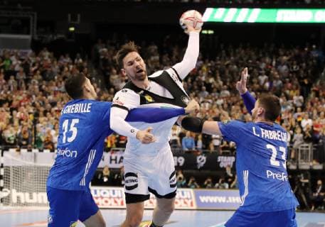 Mathieu Grebille Fabian Wiede Ludovic Fabregas Action Scene Duel Sport Handball World Championship Men World Championship 2018 2019 15 01 2019 Germany GER DHB vs France FRA
