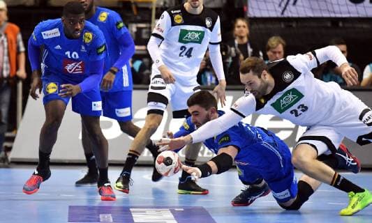 Ludovic Fabregas FRA in duel with Steffen Fäth Germany France Germany France IHF Handball World Championship 2019 Hanball World Championship 2019 Men Men Men Men Handball Germany Germany Preliminary Round Group A group A Berlin 15 1 2019