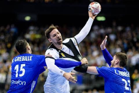 Germany vs France Handball World Championship 2019 15 01 2019 l r Mathieu Grebille FRA 15 Fabian Wieder GER 10 and Ludovic Fabregas FRA 23 at the match between Germany and France at the Handball World Championship in Berlin on 15 01 2019 Berlin BER Germany Mercedes Benz Arena