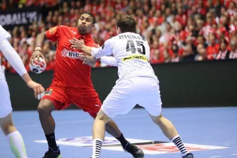 26th Mens Handball World Championship Austria vs. Denmark 15 01 19 Mads Mensah Larsen Denmark 22 vs. Fat Austria 45 xmmkx