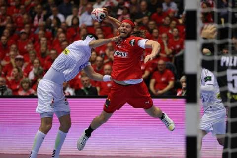 26th Mens Handball World Championship Austria vs. Denmark 15 01 19 Mikkel Hansen Mikkel Denmark 24 vs. Janko Bozovic Austria 07 xmmkx