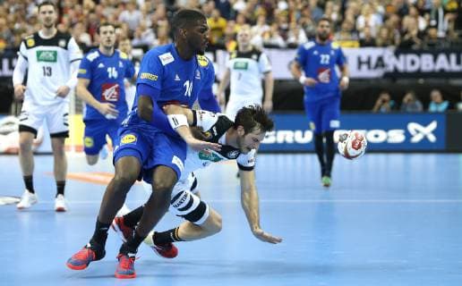 Dika Mem France vs. Uwe Gensheimer Germany at the match Germany vs. France of the Handball World Championship 2019 the men on 15 01 2019 in the Mercedes Benz Arena in Berlin Handball World Championship 2019 Group A Germany France