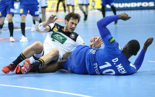 Dika Mem France vs. Uwe Gensheimer Germany at the match Germany vs. France of the Handball World Championship 2019 the men on 15 01 2019 in the Mercedes Benz Arena in Berlin Handball World Championship 2019 Group A Germany France