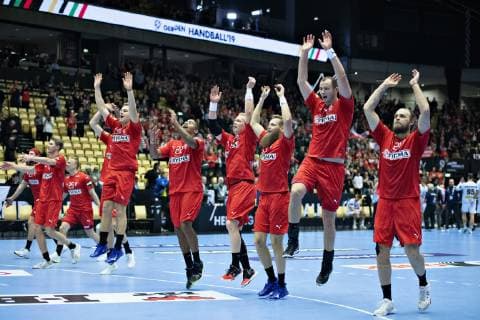 The danish players celebrate their victory in the men s IHF Handball World Championship Group C match between Austria and Denmark in Herning Denmark on Tuesday Jan 15 2019 Herning Jylland Denmark, detectedSourceLanguage  Copyright: HenningxBagger HenningxBaggerx COP101 spdk20190115-221611-L