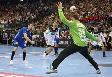 15 01 2019 Handball IHF World Championship Denmark and Germany 2019 Preliminary round Group A Germany France in the Mercedes Benz Arena Berlin L R Kentin Mahe France Goalkeeper Andreas Wolff Germany