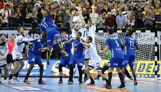 Match deciding goal of Timothey N Guessan France by block of Patrick Wiencek Germany and Finn Lemke Germany at the match Germany against France of the Handball World Championship 2019 of the Men on 15 01 2019 in the Mercedes Benz Arena in Berlin Handball World Championship 2019 Group A Germany France