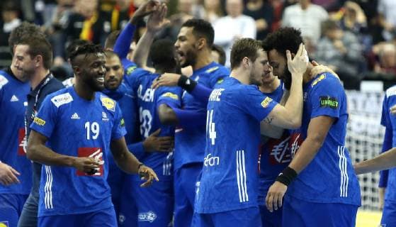 Luc Abalo France cheers Kentin Mahe France congratulates Timothey N Guessan France at the match Germany vs France of the Mens Handball World Championship 2019 on 15 01 2019 in the Mercedes Benz Arena in Berlin Handball World Championship 2019 Group A Germany France