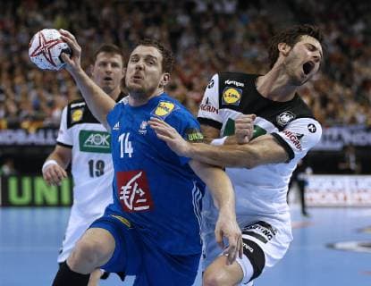 Berlin Germany Indoor Handball World Championship in Berlin Germany vs France 25 25 on 15 01 2019 in the Mercedes Benz Arena in Berlin Kentin Mahe FRA 14 li and Uwe Gensheimer GER 3 re