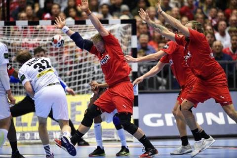 January 15, 2019 - Herning, Denmark - Rene Toft (19), Denmark, Henrik Moelgaard (21), Denmark, Magnus Landin (4), Denmark are defending against Gerald Zeiner (32), Austria during the group C handball match between Austria and Denmark in Jyske Bank Boxen in Herning during the 2019 IHF Handball World Championship WM Weltmeisterschaft in Germany Denmark. Handball 2019: Austria-Denmark - ZUMAm173 20190115_zsp_m173_012 Copyright: xLarsxMoellerx
