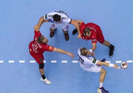 January 15, 2019 - Herning, Denmark - Henrik Moelgaard (21), Denmark and Simon Hald (34), Denmark fighting with $Â¿55 and Gerald Zeiner (32), Austria during the group C handball match between Austria and Denmark in Jyske Bank Boxen in Herning during the 2019 IHF Handball World Championship WM Weltmeisterschaft in Germany Denmark. Handball 2019: Austria-Denmark - ZUMAm173 20190115_zsp_m173_006 Copyright: xLarsxMoellerx