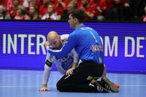 26th Mens Handball World Championship Austria vs. Denmark 15 01 19 Robert Weber Austria 28 and Niklas Landin Jacobsen Denmark 01 xmmkx