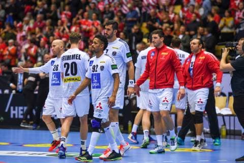 HANDBALL - IHF WC, AUT vs DEN HERNING,DENMARK,15.JAN.19 - HANDBALL - IHF Men s World Championships, international match Länderspiel Austria vs Denmark. Image shows Robert Weber, Sebastian Frimmel, Raul Santos, Janko Bozovic, Maximillian Hermann and Frederic Wuestner (AUT). GEPAxpictures xOliverxLerch