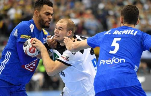 Paul Drux Germany right Nedim Remili FRA left Adrien Dipanda FRA Germany France Germany France IHF Handball World Championship 2019 Hanball World Championship 2019 Men Men Men Handball men Handball Germany Germany Germany Preliminary Round Group A group A Berlin 15 1 2019