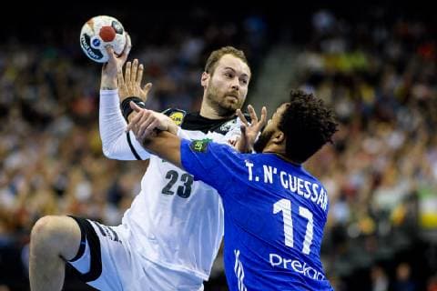 Germany vs France Handball World Championship 2019 15 01 2019 Steffen Faeth GER 23 and Timothey n Guessan FRA 17 at the match between Germany and France at the Handball World Championship in Berlin on 15 01 2019 Berlin BER Germany Mercedes Benz Arena