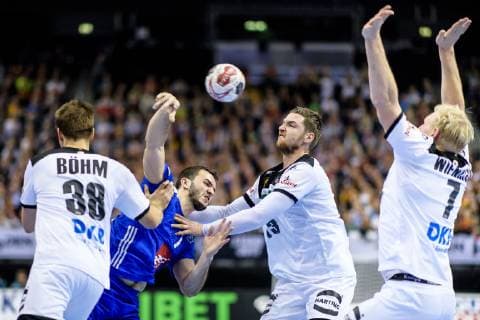 Germany vs France Handball World Championship 2019 15 01 2019 l r Fabian Boehm GER 38 Romain Lagarde FRA 7 Hendrik Pekeler GER 13 and Patrick Wiencek GER 7 at the match between Germany and France at the Handball World Championship in Berlin on 15 01 2019 Berlin BER Germany Mercedes Benz Arena