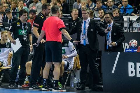 Germany vs. France Handball World Championship 2019 15 01 2019 Confusion about a buzzer with co coach Alexander Haase GER and team coordinator Oliver Roggisch GER at the match between Germany and France at the Handball World Championship in Berlin on 15 01 2019 Berlin BER Germany Mercedes Benz Arena