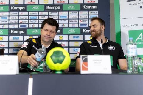 Co coach Alexander Haase and goalkeeper Andreas Wolff Nr 33 Germany before the start of the press conference Press conference of the DHB Handball IHF Handball World Championship 16 01 19 Berlin Berlin Germany Mercedes Benz Arena Copyright: xAgentur54Gradx xFelixxKoenigx