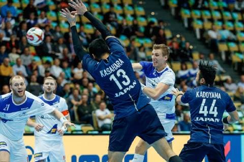 Munich Germany 16 01 2019 IHF Handball WM 2019 Group B Japan Island Kenya Kasahara JPN and Omar Ingi Magnusson ISL in the duel DeFodi048