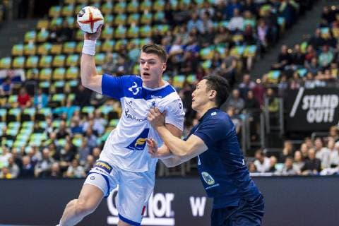 Munich Germany 16 January 2019 World Cup 2019 Men Group B Japan vs Iceland vs Elvar Orn Jonsson Island Kohei Narita Japan Munich Olympic Hall Bayern Germany