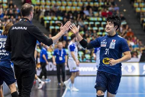 Munich Germany 16 January 2019 World Cup 2019 Men Group B Japan vs Island v li Coach Dagur Sigurdsson Japan Tatsuki Yoshino Japan Jubilation Joy Emotion Munich Olympic Hall Bayern Germany
