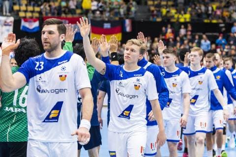 Munich Germany 16 January 2019 World Cup 2019 Men Group B Japan vs Iceland Olafur Gustafsson Iceland Gisli Thorgeir Kristjansson Iceland Munich Olympic Hall Bayern Germany